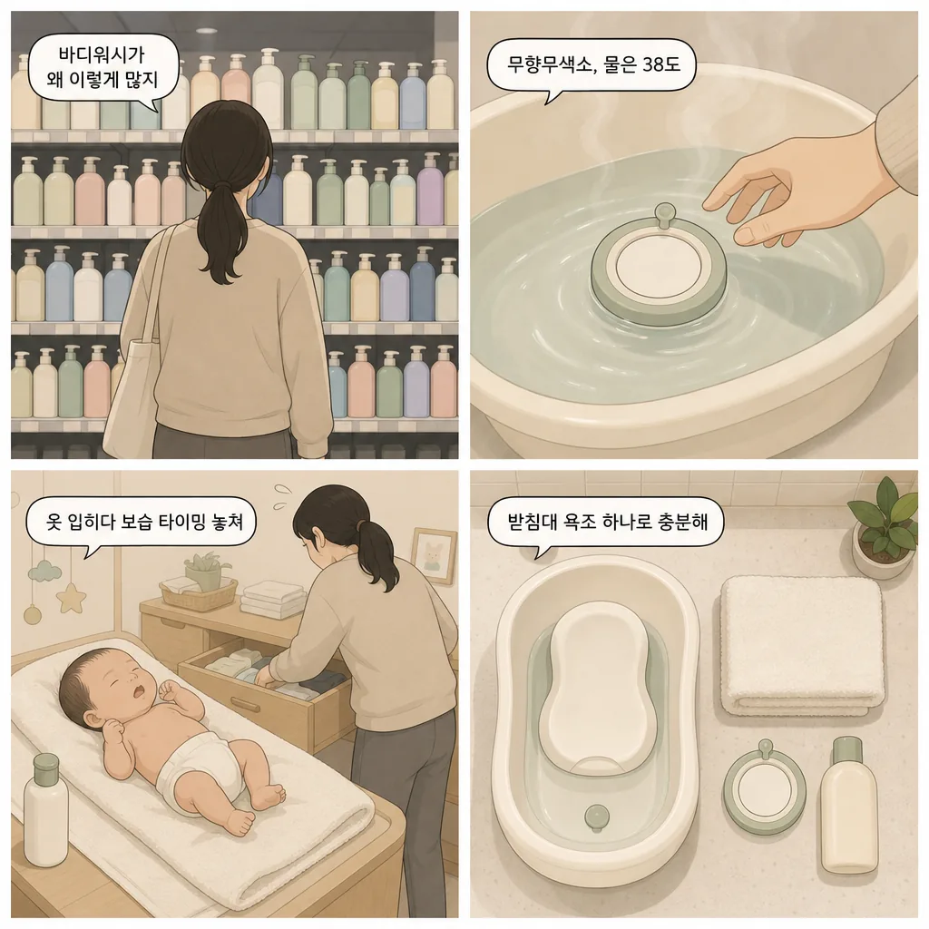 1. 바디워시가 왜 이렇게 많지 2. 무향무색소, 물은 38도 3. 옷 입히다 보습 타이밍 놓쳐 4. 받침대 욕조 하나로 충분해