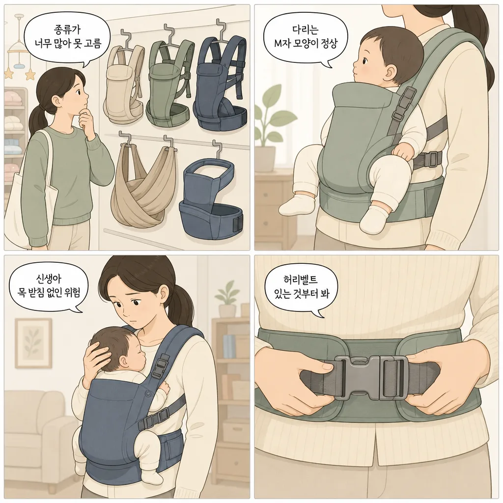 1. 종류가 너무 많아 못 고름 2. 다리는 M자 모양이 정상 3. 신생아 목 받침 없인 위험 4. 허리벨트 있는 것부터 봐