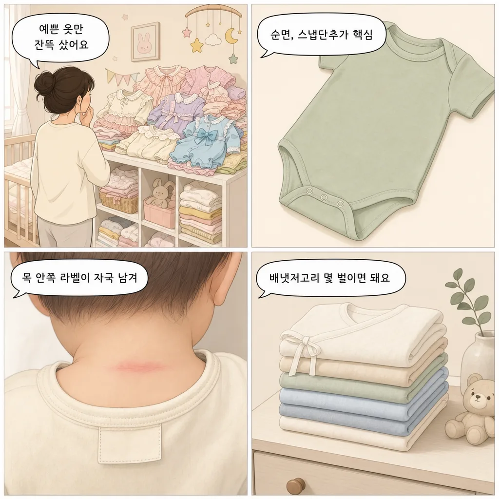 1. 예쁜 옷만 잔뜩 샀어요 2. 순면, 스냅단추가 핵심 3. 목 안쪽 라벨이 자국 남겨 4. 배냇저고리 몇 벌이면 돼요