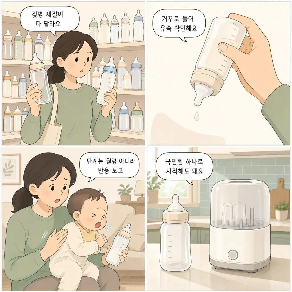 1. 젖병 재질이 다 달라요 2. 거꾸로 들어 유속 확인해요 3. 단계는 월령 아니라 반응 보고 4. 국민템 하나로 시작해도 돼요