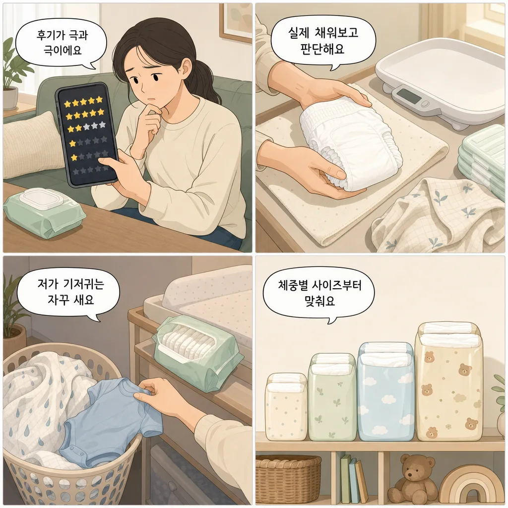 1. 후기가 극과 극이에요 2. 실제 채워보고 판단해요 3. 저가 기저귀는 자꾸 새요 4. 체중별 사이즈부터 맞춰요