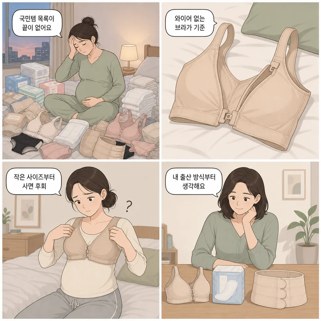 1. 국민템 목록이 끝이 없어요 2. 와이어 없는 브라가 기준 3. 작은 사이즈부터 사면 후회 4. 내 출산 방식부터 생각해요