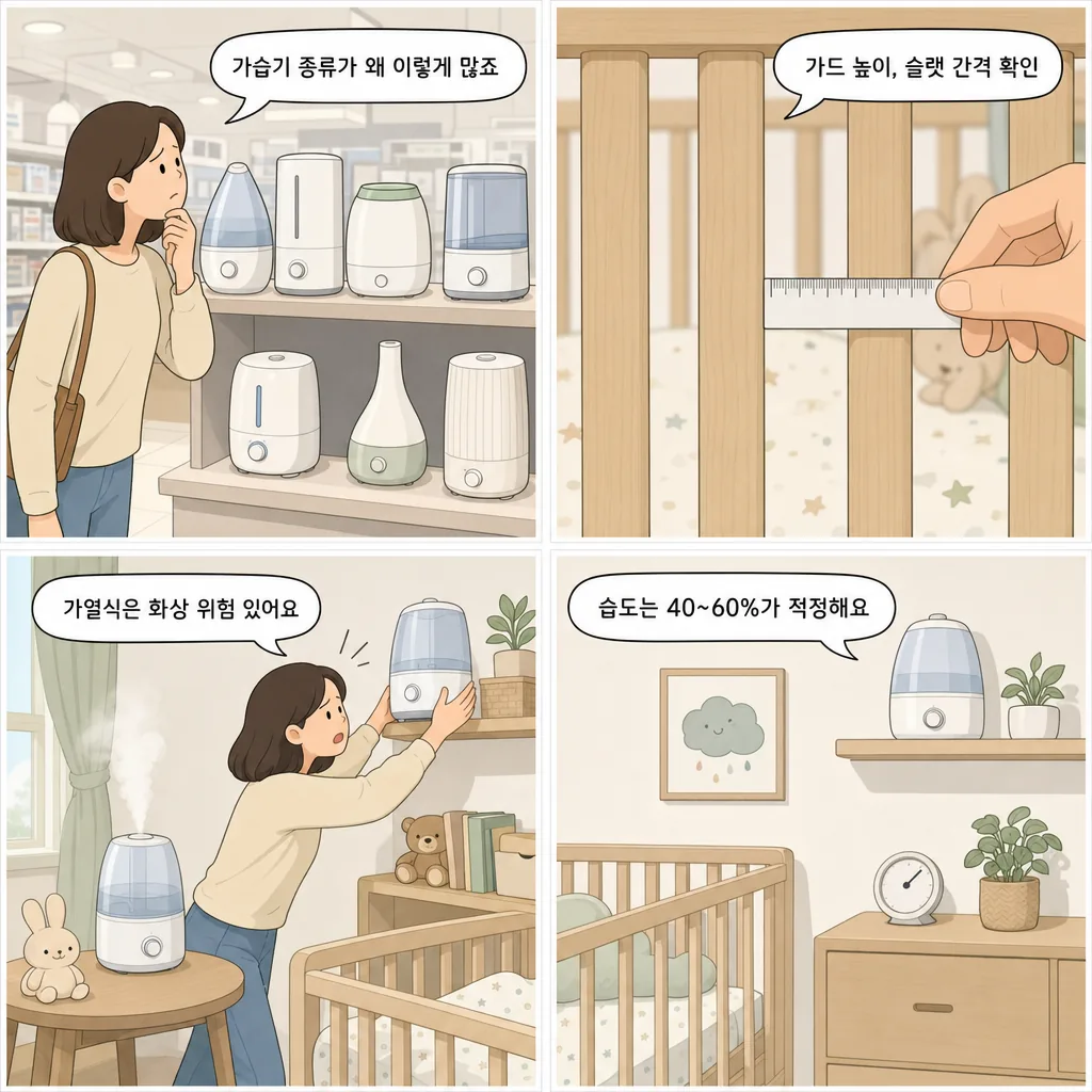 1. 가습기 종류가 왜 이렇게 많죠 2. 가드 높이, 슬랫 간격 확인 3. 가열식은 화상 위험 있어요 4. 습도는 40~60%가 적정해요