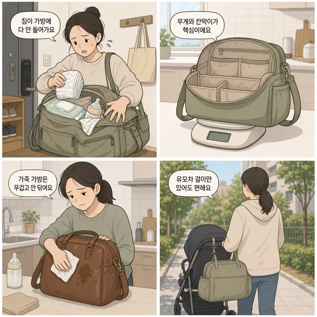 1. 짐이 가방에 다 안 들어가요 2. 무게와 칸막이가 핵심이에요 3. 가죽 가방은 무겁고 안 닦여요 4. 유모차 걸이만 있어도 편해요
