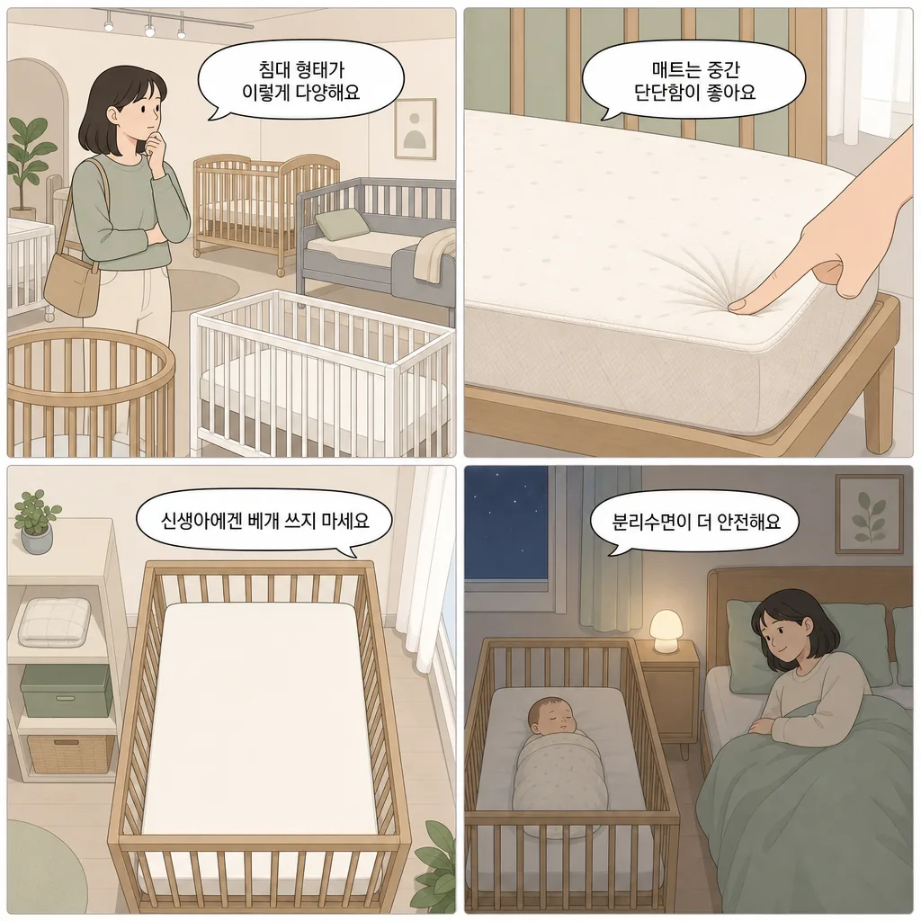 1. 침대 형태가 이렇게 다양해요 2. 매트는 중간 단단함이 좋아요 3. 신생아에겐 베개 쓰지 마세요 4. 분리수면이 더 안전해요