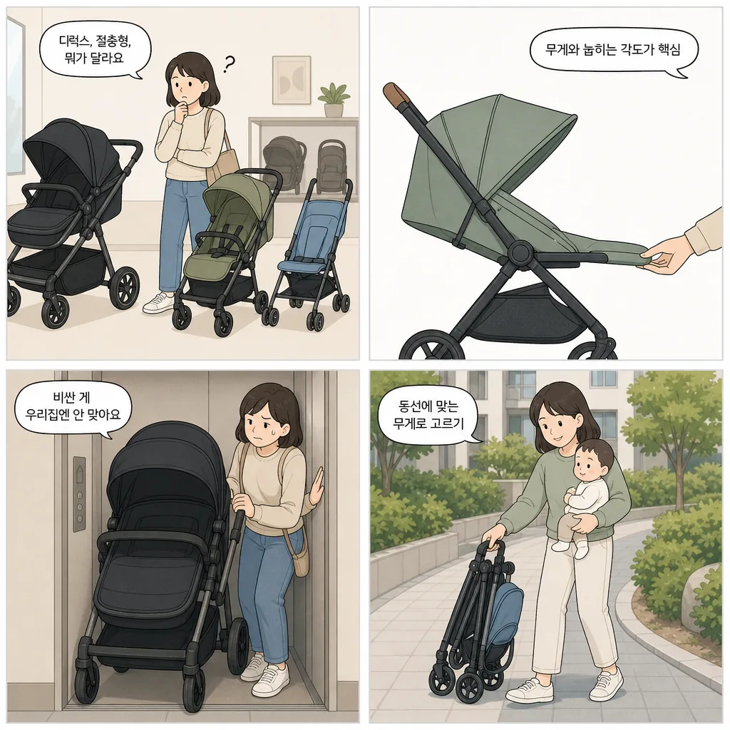 1. 디럭스, 절충형, 뭐가 달라요 2. 무게와 눕히는 각도가 핵심 3. 비싼 게 우리집엔 안 맞아요 4. 동선에 맞는 무게로 고르기