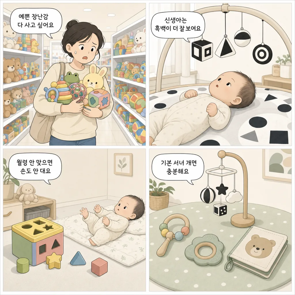1. 예쁜 장난감 다 사고 싶어요 2. 신생아는 흑백이 더 잘 보여요 3. 월령 안 맞으면 손도 안 대요 4. 기본 서너 개면 충분해요