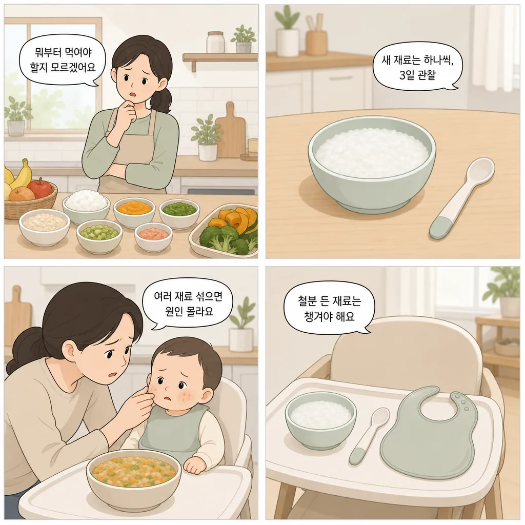 1. 뭐부터 먹여야 할지 모르겠어요 2. 새 재료는 하나씩, 3일 관찰 3. 여러 재료 섞으면 원인 몰라요 4. 철분 든 재료는 챙겨야 해요